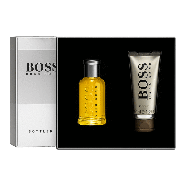 The Hugo Boss Bottled Gift Set includes a 50ml EDT and a 100ml shower gel, elegantly presented in a stylish black and silver box. The Hugo Boss Bottled Gift Set includes a 50ml EDT and a 100ml shower gel, elegantly presented in a stylish black and silver box.