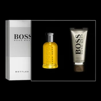 The Hugo Boss Bottled Gift Set includes a 50ml EDT and a 100ml shower gel, elegantly presented in a stylish black and silver box.