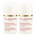Two identical white bottles of Clarins Roll-on Deodorant for Her 50ml, each featuring gold trim and red and gold text that emphasizes its alcohol-free, long-lasting, and anti-perspirant properties.
