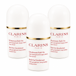 Three bottles of 3x Clarins Roll-on Deodorant for Her 50ml, a women's roll-on deodorant stick, are arranged upright on a white background.