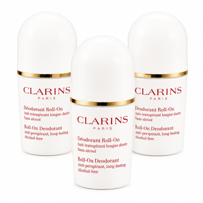 Three bottles of 3x Clarins Roll-on Deodorant for Her 50ml, a women's roll-on deodorant stick, are arranged upright on a white background.