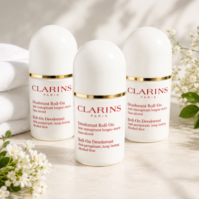 Two Clarins Roll-on Deodorant for Her 50ml bottles are arranged on a light surface with white towels and small white flowers in the background.