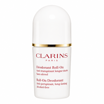 A 50ml white bottle of Clarins Roll-on Deodorant for Her, a women’s roll-on deodorant stick with red and gold text, featuring long-lasting, alcohol-free, and anti-perspirant properties.