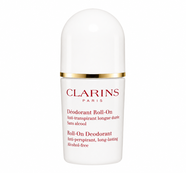 A 50ml white bottle of Clarins Roll-on Deodorant for Her, a women’s roll-on deodorant stick with red and gold text, featuring long-lasting, alcohol-free, and anti-perspirant properties. A 50ml white bottle of Clarins Roll-on Deodorant for Her, a women’s roll-on deodorant stick with red and gold text, featuring long-lasting, alcohol-free, and anti-perspirant properties.