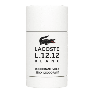 A Lacoste L.12.12 Blanc Pure Deodorant Stick for Men with black text and a black crocodile logo on the white label, displayed against a plain background.