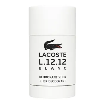 A Lacoste L.12.12 Blanc Pure Deodorant Stick for Men with black text and a black crocodile logo on the white label, displayed against a plain background.