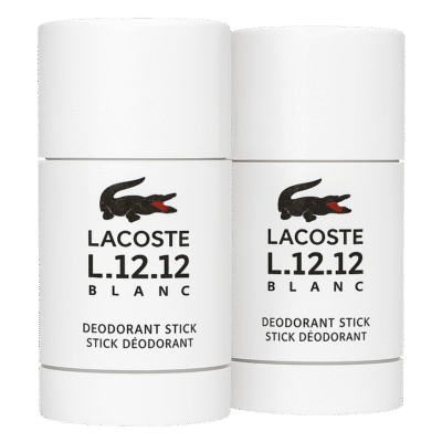 Two Lacoste L.12.12 Blanc Pure Deodorant Sticks for Men, in white with black crocodile logo and text on the front, stand upright side by side.