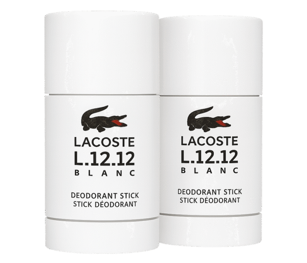 Two Lacoste L.12.12 Blanc Pure Deodorant Sticks for Men, in white with black crocodile logo and text on the front, stand upright side by side.