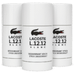 Three Lacoste L.12.12 Blanc Pure Deodorant Sticks for Men (75ml each) are grouped together, highlighting their white packaging and signature black crocodile logo.