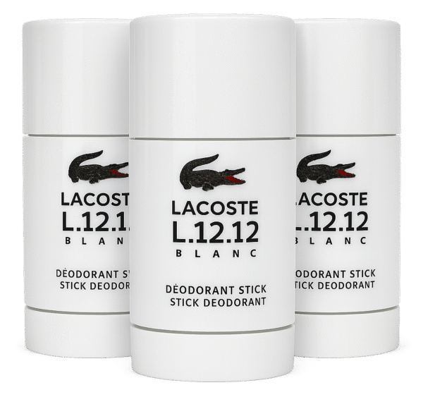 Three Lacoste L.12.12 Blanc Pure Deodorant Sticks for Men (75ml each) are grouped together, highlighting their white packaging and signature black crocodile logo.