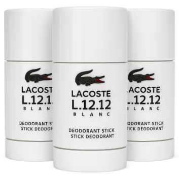 Three Lacoste L.12.12 Blanc Pure Deodorant Sticks for Men (75ml each) are grouped together, highlighting their white packaging and signature black crocodile logo.