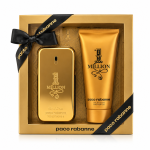Paco Rabanne 1 Million 100ml EDT and 100ml Shower Gel Gift Set, presented in a gold box with black ribbon.