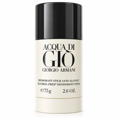 A set of two cylindrical Giorgio Armani Acqua di Gio deodorant sticks for men, each 75ml in size, featuring a black cap and cream-colored body with black text on the front.