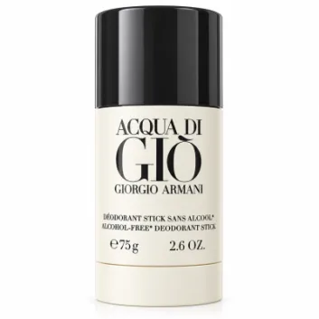 A set of two cylindrical Giorgio Armani Acqua di Gio deodorant sticks for men, each 75ml in size, featuring a black cap and cream-colored body with black text on the front.
