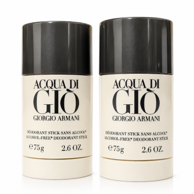 Two 75ml Giorgio Armani Acqua di Gio Deodorant Sticks for Men are placed side by side against a white background.