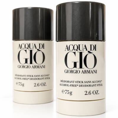 2x Giorgio Armani Acqua di Gio Deodorant Sticks for Men, 75ml each, featuring cream and black packaging labeled “Alcohol-Free.”.