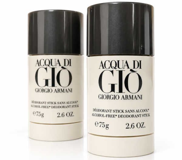2x Giorgio Armani Acqua di Gio Deodorant Sticks for Men, 75ml each, featuring cream and black packaging labeled “Alcohol-Free.”.