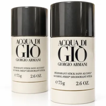 2x Giorgio Armani Acqua di Gio Deodorant Sticks for Men, 75ml each, featuring cream and black packaging labeled “Alcohol-Free.”.