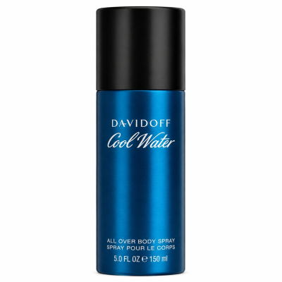 A blue cylindrical can of Davidoff Cool Water Deodorant 150ml Spray for Men, with a black cap, is displayed against a white background.