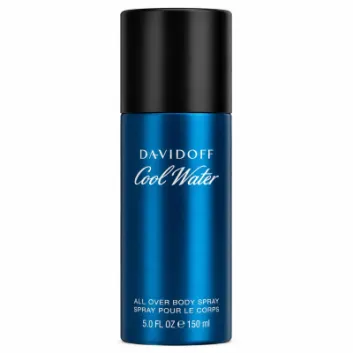 A blue cylindrical can of Davidoff Cool Water Deodorant 150ml Spray for Men, with a black cap, is displayed against a white background.