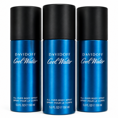 Three upright cans of Davidoff Cool Water Deodorant 150ml Spray for Men are positioned side by side against a white background.