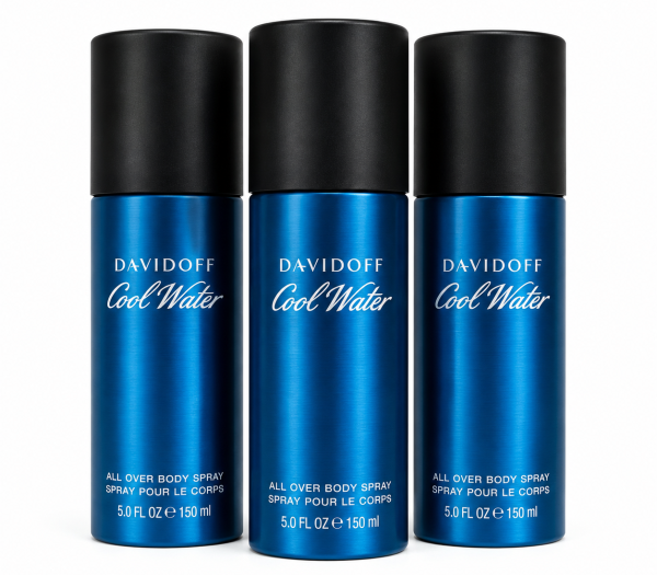 Three upright cans of Davidoff Cool Water Deodorant 150ml Spray for Men are positioned side by side against a white background. Three upright cans of Davidoff Cool Water Deodorant 150ml Spray for Men are positioned side by side against a white background.