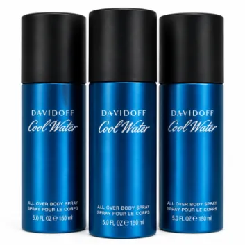 Three upright cans of Davidoff Cool Water Deodorant 150ml Spray for Men are positioned side by side against a white background.