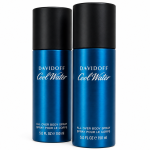 Two upright 150ml cans of Davidoff Cool Water Deodorant Spray for Men, each with a black cap, are positioned side by side against a white background.