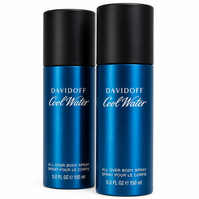 Two upright 150ml cans of Davidoff Cool Water Deodorant Spray for Men, each with a black cap, are positioned side by side against a white background.