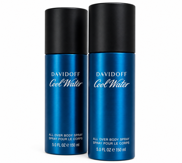Two upright 150ml cans of Davidoff Cool Water Deodorant Spray for Men, each with a black cap, are positioned side by side against a white background.