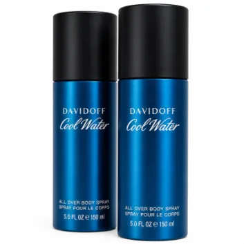Two upright 150ml cans of Davidoff Cool Water Deodorant Spray for Men, each with a black cap, are positioned side by side against a white background.