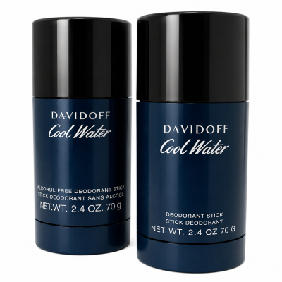 Two blue cylindrical sticks of Davidoff Cool Water deodorant for men, each 75ml, both with black caps and white lettering; one is labeled alcohol free.