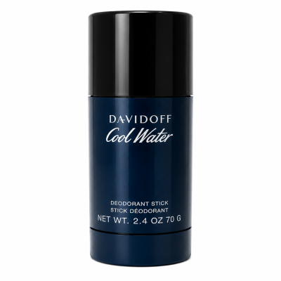 A dark blue and black cylindrical stick of Davidoff Cool Water Deodorant Stick 75ml for Men, labeled with the product name, type, and weight.