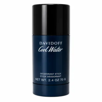 A dark blue and black cylindrical stick of Davidoff Cool Water Deodorant Stick 75ml for Men, labeled with the product name, type, and weight.