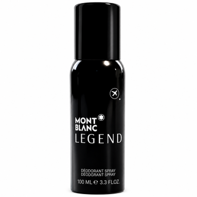 A 100ml Mont Blanc Legend Deodorant Spray Travel can in black, featuring white text and a small airplane icon near the top.