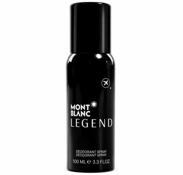 A 100ml Mont Blanc Legend Deodorant Spray Travel can in black, featuring white text and a small airplane icon near the top. A 100ml Mont Blanc Legend Deodorant Spray Travel can in black, featuring white text and a small airplane icon near the top.