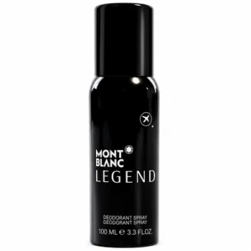 A 100ml Mont Blanc Legend Deodorant Spray Travel can in black, featuring white text and a small airplane icon near the top.