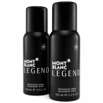 Two bottles of Mont Blanc Legend Deodorant Spray, 100ml Travel each, are shown standing upright against a white background.