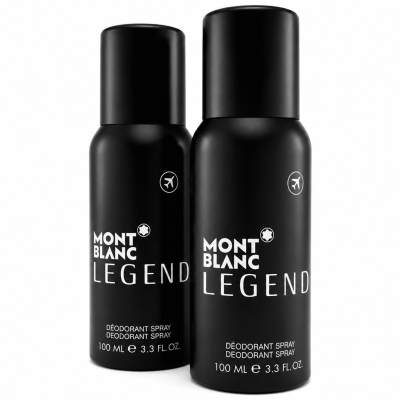 Two bottles of Mont Blanc Legend Deodorant Spray, 100ml Travel each, are shown standing upright against a white background.