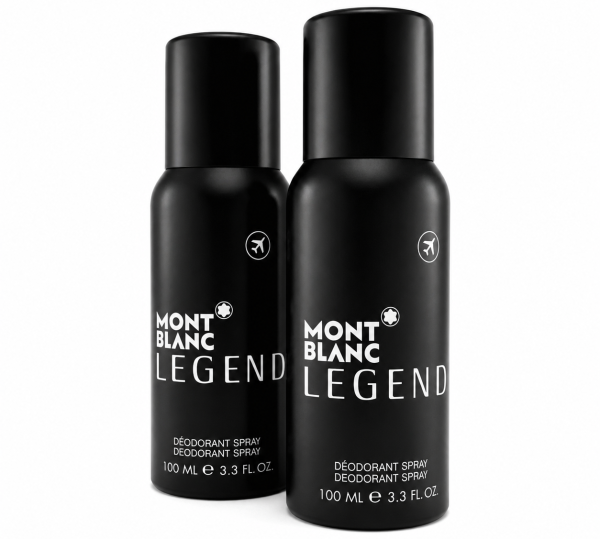 Two bottles of Mont Blanc Legend Deodorant Spray, 100ml Travel each, are shown standing upright against a white background.