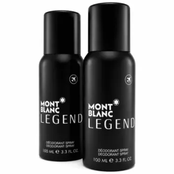 Two bottles of Mont Blanc Legend Deodorant Spray, 100ml Travel each, are shown standing upright against a white background.