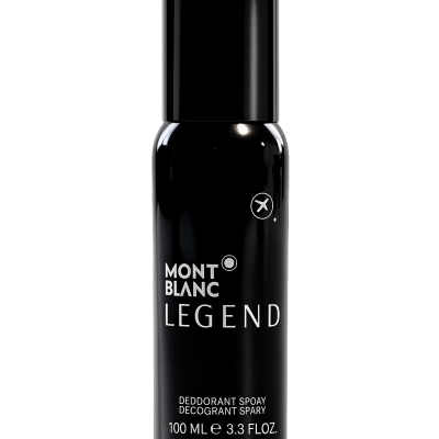 A black can of Mont Blanc Legend Deodorant Spray, 100ml Travel size, featuring white text and photographed against a plain light gray background.
