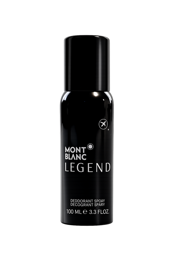 A black can of Mont Blanc Legend Deodorant Spray, 100ml Travel size, featuring white text and photographed against a plain light gray background.