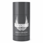 A grey 75ml deodorant stick labeled "Paco Rabanne Invictus Deodorant Stick for Men," featuring a winged logo and text indicating it is alcohol-free.