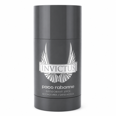 A grey 75ml deodorant stick labeled "Paco Rabanne Invictus Deodorant Stick for Men," featuring a winged logo and text indicating it is alcohol-free.