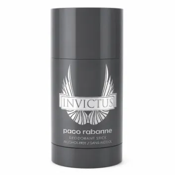 A grey 75ml deodorant stick labeled "Paco Rabanne Invictus Deodorant Stick for Men," featuring a winged logo and text indicating it is alcohol-free.