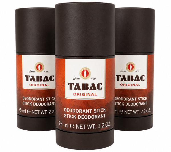 Three Tabac Luxury Deodorant Sticks by Mäurer & Wirtz, each 75 ml, are grouped together.