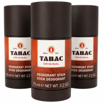 Three Tabac Luxury Deodorant Sticks by Mäurer & Wirtz, each 75 ml, are grouped together.