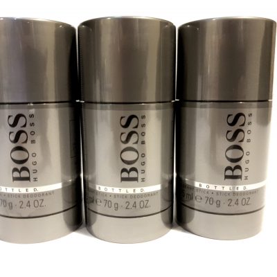 Three bottles of 3x Hugo Boss Bottled 75ml Deodorant stick for Men on a white background.