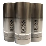 Three Hugo Boss Bottled 75ml Deodorant sticks on a white background.